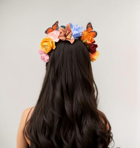 Elegant Butterfly Flower Headband for Women Boho Handmade Rose Floral Crown Wedding Bridal Festivals Cosplay Prom Photo Props Headpiece (C2 blue, Adjustable) - color: C2 blue