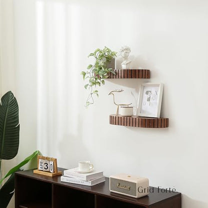 GRID FORTE Wood Rounded Fluted Floating Shelf Set of 2, 16Wx5.5D Inch– Modern Display Shelf with Decorative Edge, Rustic Hanging Storage for Plants, Books, Photos & Home Décor