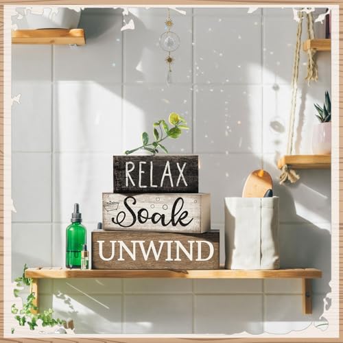 Moucuny 4 Pcs Bathroom Shelf Decor Sign Farmhouse Bathroom Decor and Accessories Rustic Eucalyptus Leaves Wood Block Sign Gift Relax Soak Unwind Farmhouse Table Centerpiece for Home Toilet - style: Bathroom Leaves