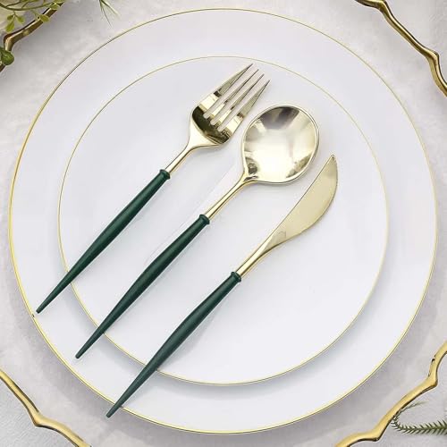 Efavormart 24-Pack 8" Gold and Hunter Green Disposable Plastic Silverware; Festive Dual-Tone Heavy-Duty Cutlery for Botanical Weddings and Formal Winter Holiday Galas - color: Hunter Green, size: 8"