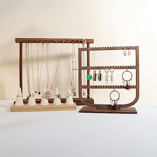 wooden hanging jewelry organizer, walnut jewelry display holder for selling, dangle necklace storage shelf, 3 tier earring display stands for selling【Jewelry shelf-3 tier】