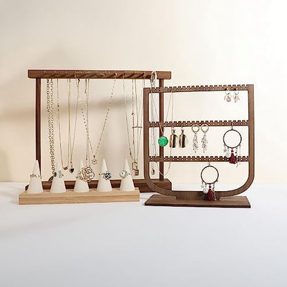wooden hanging jewelry organizer, walnut jewelry display holder for selling, dangle necklace storage shelf, 3 tier earring display stands for selling【Jewelry shelf-3 tier】