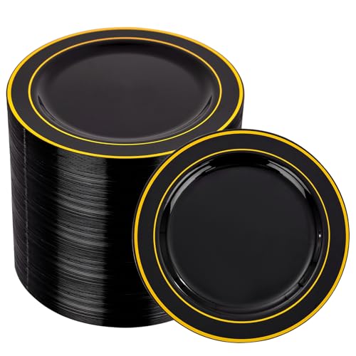 bUCLA 100PCS Black and Gold Plastic Plates - 6.25 inch Black Gold Premium Hard Disposable Dessert/Salad/Appetizer/Small Cake Plates for Party, Graduation & New year - color: 6.25Inch-100pcs-Black Gold