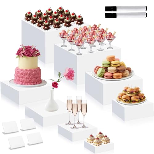 Blosssound 8 Pieces White Acrylic Risers with 8 Signage 2 Markers, 3-10 Inch Cube Nesting Risers Display Stands with Hollow Bottoms for Buffet Table Catering Dessert Food Collectibles Show