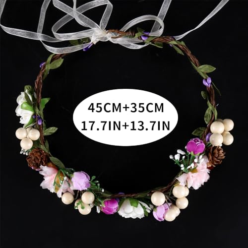 Adjustable Flower Crown Headband for Women - Floral Garland Hair Wreath with Crystal Accents Perfect for Weddings Flower Wands Photo Props (Pink White Flower, Adjustable) - color: Pink White Flower