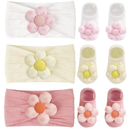 CÉLLOT Baby Girl Headband and Socks, Non-Slip Floral Socks and Soft Floral Nylon Hairbands for Babies Infants and Toddlers（dot） - color: White+Beige+Pink（Socks）