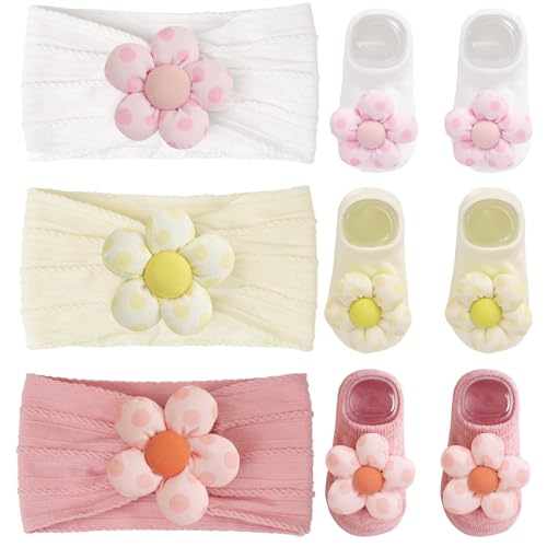 CÉLLOT Baby Girl Headband and Socks, Non-Slip Floral Socks and Soft Floral Nylon Hairbands for Babies Infants and Toddlers（dot） - color: White+Beige+Pink（Socks）