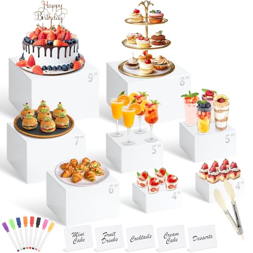 8 Pcs White Buffet Risers with Mini Table Sign, Serving Tongs, Acrylic Food Risers for Buffet Table Display Stand Shelf for Party Catering Dessert Jewelry Collectibles (Size 9" 8" 7" 6" 5" 5" 4" 4") - color: Size: 9" 8" 7" 6" 5" 5" 4" 4"