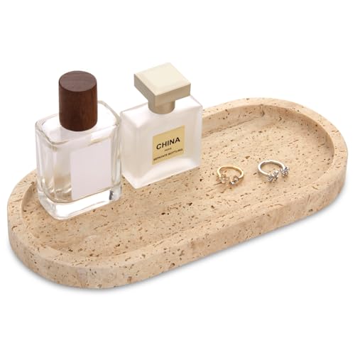 Natural Marble Tray Oval, Bathroom Vanity Tray for Countertop, Elegant Stone Decorative Organizer for Perfume, Jewelry, Home Decor (1, Travertine, 10 x 5 x 0.6) - color: Travertine