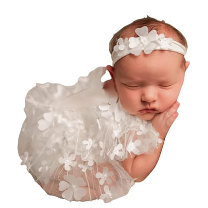 Baby Photography Props Outfit Lace Rompers Newborn Girl Photo Shoot Outfits Flower Headband Princess Costume - color: White C