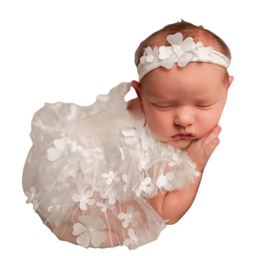 Baby Photography Props Outfit Lace Rompers Newborn Girl Photo Shoot Outfits Flower Headband Princess Costume - color: White C