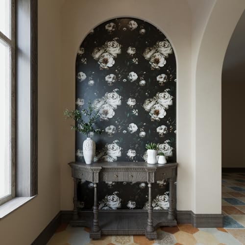 Laatse Dark Wallpapr Peel and Stick Boho Wallpaper 17.5in x 393in Black Floral Contact Paper Waterproof Self Adhesive Vintage Large Floral Wall Paper for Bedroom Walls Cabinet Decor - color: Black/White, size: 17.5" x 393"