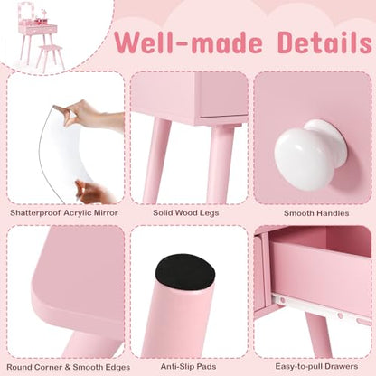 Arlopu Kids Vanity Set and Mirror, Wooden Pretend Play Vanity Table and Chair Set for Girls with Stool, Drawer, Princess Makeup Dress-Up Toy for Toddlers 3+Year Old (Pink) - color: Pink
