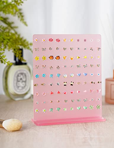 NiHome Acrylic Earring Stand 3PCS, Exquisite Double-Sided Acrylic Earring Organizer with 90 Holes Each - Lightweight and Sturdy Material, Unique Design with Larger Holes for Special Sizes - color: Pink-Square Base