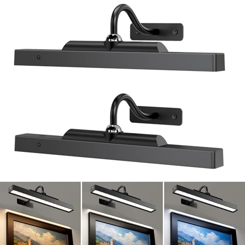 Wireless Picture Lights 12", 4400mAh Battery Powered Cordless Wall Lights, 2Pack Dimmable Remote Timer for Painting Artwork Living Room (Black) - color: Black, size: 12in-2pack