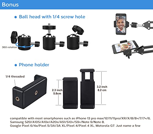 Overhead Tripod Mount for Camera Webcam Ring Light, Flexible Over Head Arm for iPhone with Phone Holder and Ball Head, Table Stand Accessory for Phone Video Recording Live Stream