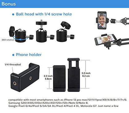 Overhead Tripod Mount for Camera Webcam Ring Light, Flexible Over Head Arm for iPhone with Phone Holder and Ball Head, Table Stand Accessory for Phone Video Recording Live Stream