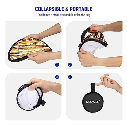 NEEWER 12"/30cm Light Reflector Light Diffuser 5 in 1 Collapsible Multi Disc with Bag - Translucent, Silver, Gold, White, and Black for Photography - size: 30cm