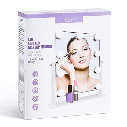 HIEEY Hollywood Vanity Mirror with Lights, Makeup 9 Dimmable Bulbs Three Color Lighting Modes, and 5X Magnification Mirror, Smart Touch Control, 360°Rotation (White) - style: 14.1"L x 11.4"W (9 Bulbs)