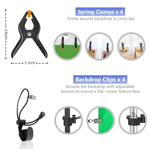 EMART Photo Video Studio Backdrop Stand Kit, 7×10ft Adjustable Photography Support System with Polyester Background(Black/White/Green Screen), Spring Clamps and Carry Bag for Photoshoot - size: 7x10ft(backdrop stand)/6x9ft(backdrop)