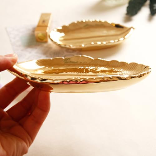 KESYOO Ceramic Jewelry Tray Gold Leaf Trinket Dish Ring Holder Plate Jewelry Organizer Decorative Display for Women Vanity Table and Photo Props