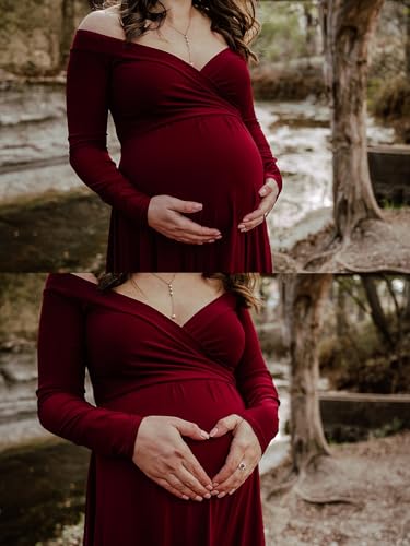 Saslax Maternity Off Shoulders Half Circle Gown for Baby Shower Photo Props Dress - color: 1#-burgundy 162, size: X-Large