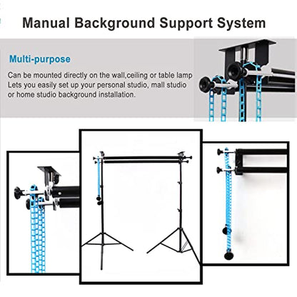 ZLY 3 Roller Wall Mounting Manual Background Support System, Including 3 Tri-fold Hooks, 6 Expand Bars, 3 Chains, Ceiling Background Holder Attached into Table Lamp