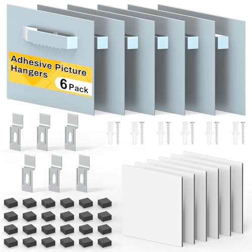 6 Pack Self Adhesive Hangers with Strong Nano Tapes, 3.15" x 3.15" Adhesive Picture Hanger, Mirror Hanging Kit, Plate Hangers for Mirrors, Photo Frames, Paintings, Decorative Plates