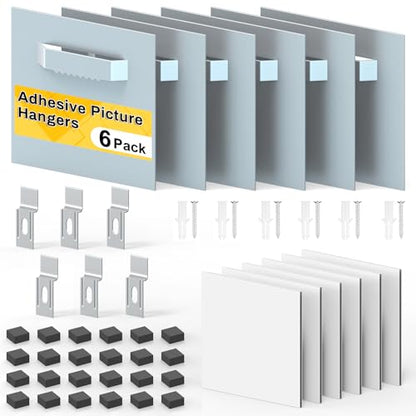 6 Pack Self Adhesive Hangers with Strong Nano Tapes, 3.15" x 3.15" Adhesive Picture Hanger, Mirror Hanging Kit, Plate Hangers for Mirrors, Photo Frames, Paintings, Decorative Plates