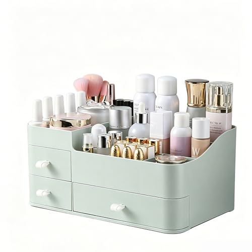 Makeup Organizer with Drawers, Bathroom Counter Organizer, Plastic Cosmetic Display Case, Large Skincare Storage for Vanity Countertop, Ideal for Bedroom Dresser top and Desktop - color: Fresh Green