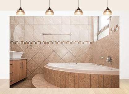 10x8ft Fabric Beige Tile Bathroom Backdrop Curved Bathtub Warm Neutral Tones Background Spa Shooting Theme Party Decorations Wall Tapestry Photo Studio Props - size: 10X8ft