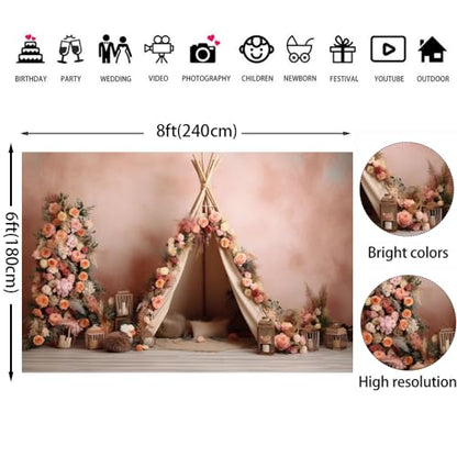 8x6ft Boho First Birthday Backdrop for Girl Pink Flowers Tent Decorations Photography Background Newborn Baby Shower Cake Smash Photoshoot Props - size: 8x6ft