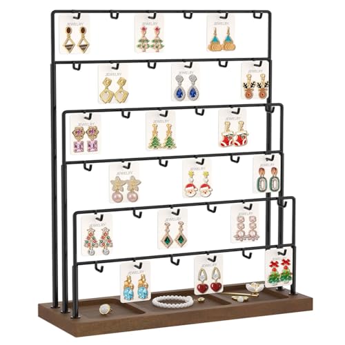 MODOWEY Earring Holder Organizer Display Rack for Vendor, 6 Tier Earring Card Tree Hanger Stand with Wood Tray for Women Selling, 36 Hook Metal Countertop Storage Tower for Clear Visibility, Black - color: Brown-Black