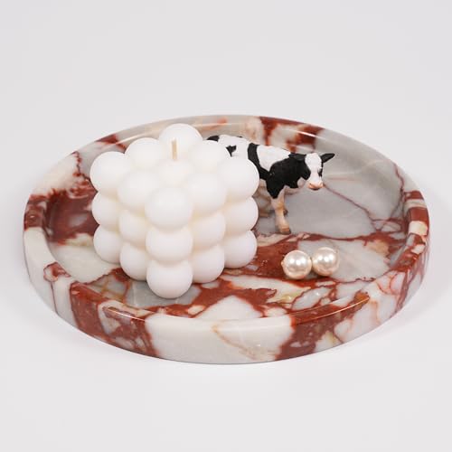Marble Perfume Jewelry Tray - Stone Trinket Ring Key Purse Holder Dish, Round Plate Decorative Bowl for Nightstand Entryway Coffee Table Decor (7.9 inch) - color: Round-Red