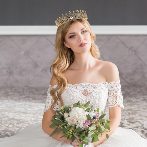 LOGOFUN Antique King Crowns Vinatge Royal Style Headband Photo Props with Rhinestones for Adult Birthday Celebrations Prom Events - Golden