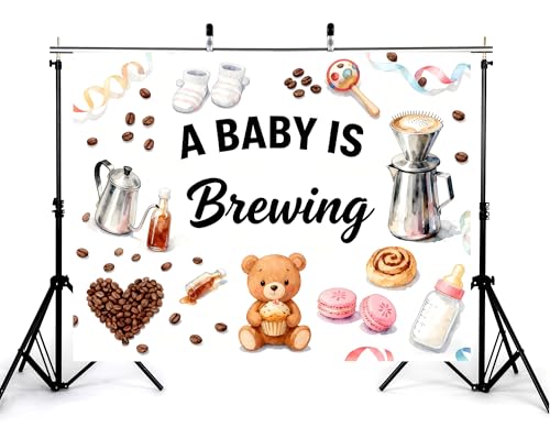 12x8ft A Baby is Brewing Backdrop Sweet Croissant Coffee Beans Cute Bear Baking Theme Feeding Bottle Newborn Cake Smash Brown Baby Shower Decorations Photography Background Photo Studio Props - size: 12x8ft