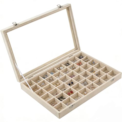 Velvet Jewelry Tray 48 Compartments Jewelry Box Display Organizer with Transparent Cover Earrings, Rings,Necklaces, Pendants Storage Box for Girls, Women,Wife, Mother(Beige) - color: 48 Grid