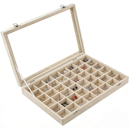 Velvet Jewelry Tray 48 Compartments Jewelry Box Display Organizer with Transparent Cover Earrings, Rings,Necklaces, Pendants Storage Box for Girls, Women,Wife, Mother(Beige) - color: 48 Grid