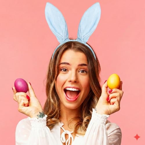 Cute Blue Plaid Easter Bunny Ears Headband for Women, Adjustable Floral Hairband for Easter Party & Spring Photo Prop