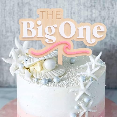 The Big One Wooden & Acrylic Cake Topper - Wave Theme 1st Birthday Party Decor, Summer Beach Photo Props, First Birthday Cake Decorations, Big Wave Wooden Cake Topper for Birthdays (Pink) - color: Pink