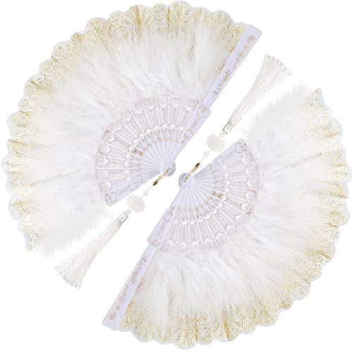 Namalu 2 Pieces Feather Hand Fan Embroidered Flower Marabou 1920s Feather Fan Hand Folding Drag Queen for 20s Women Costume Tea Party Dancing Photoshoot Wedding Decor(White with Gold) - color: White With Gold