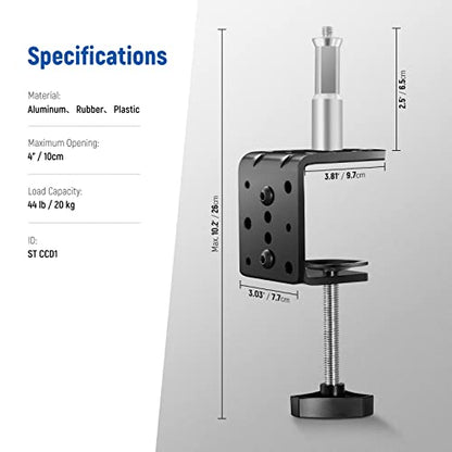NEEWER Heavy Duty C Clamp with Mounting Column for Light Stand, Adjustable Metal Desk Clamp with 1/4" 3/8" Screws for Ring Light LED Video Light Camera, Max Load 44lb/20kg, ST-CCD1
