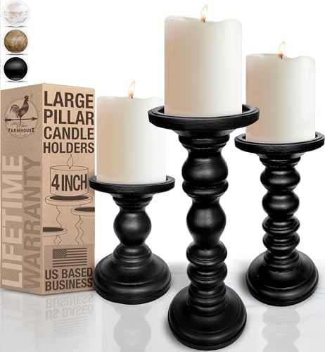 Satin Black Candle Holders for Pillar Candles (Set of 3) Tall Large Rustic Pillar Candlestick Stands - Fits Both 4 inch and 3 inch Wide Pillar Candles - Modern Farmhouse Decor (Satin Black) - color: Satin Black