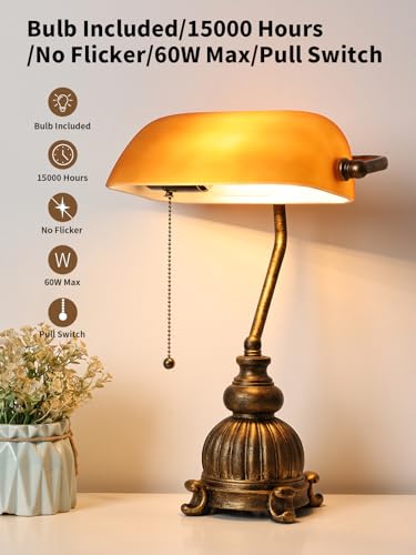 Retro Amber Glass Bankers Desk Lamp with Pull Chain Switch for Home Office, Library, Plug in Fixture, LED Bulb Included - color: Antique+Amber1