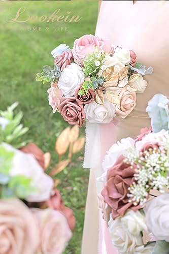 Lookein Bridesmaid Bouquet Set of 4 Boho Wedding Bouquet 7-Inch Fake Flower Bouquet for Bride Tossing Bouquet for Wedding Ceremony, Elegant Dusty Rose - color: 7" French Dusty Rose