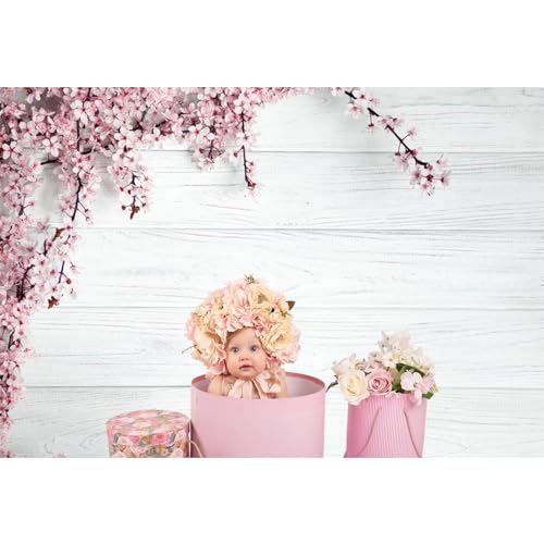 15x10ft Valentine's Day Backdrop Countryside Rustic White Wood Plank with Wood Texture Spring Pink Blossom Peach Apricot Cherry Background Children Baby Adults Portraits Backdrop - size: 15x10ft