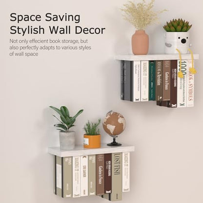 Tohiasen Floating Book Shelves for Wall Mounted Set of 2, Wood Hanging Bookshelf, Book Display Shelf for Wall, Unique Space Saving Book Shelf Wall Book Holder (White) - color: White
