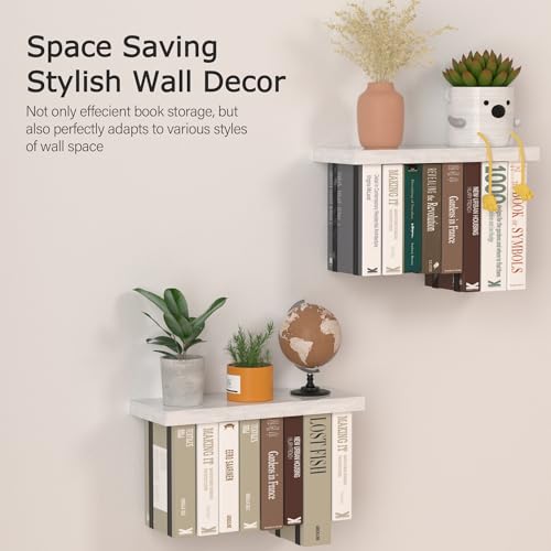 Tohiasen Floating Book Shelves for Wall Mounted Set of 2, Wood Hanging Bookshelf, Book Display Shelf for Wall, Unique Space Saving Book Shelf Wall Book Holder (White) - color: White