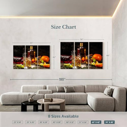 ElephantStock - Citrus Whiskey And Cigar Wall Art - Horizontal Multi Panel Canvas - 3 Piece Living Room Wall Decor - Photography Food And Drink Multi Piece Wall Art - Brown And Gray Decor - 74" x 48" - size: 74L" x 48W"