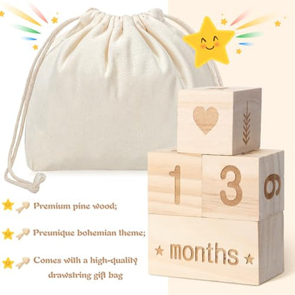 Wonderjune Boho Baby Monthly Milestone Blocks Set of 4 Wooden Baby Age Milestone Signs with Drawstring Bag Months Weeks Years Days Blocks for Newborn Photo Props Keepsake